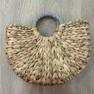 Straw raffia Natural Woven Handbag with Silver rhinestone Handle